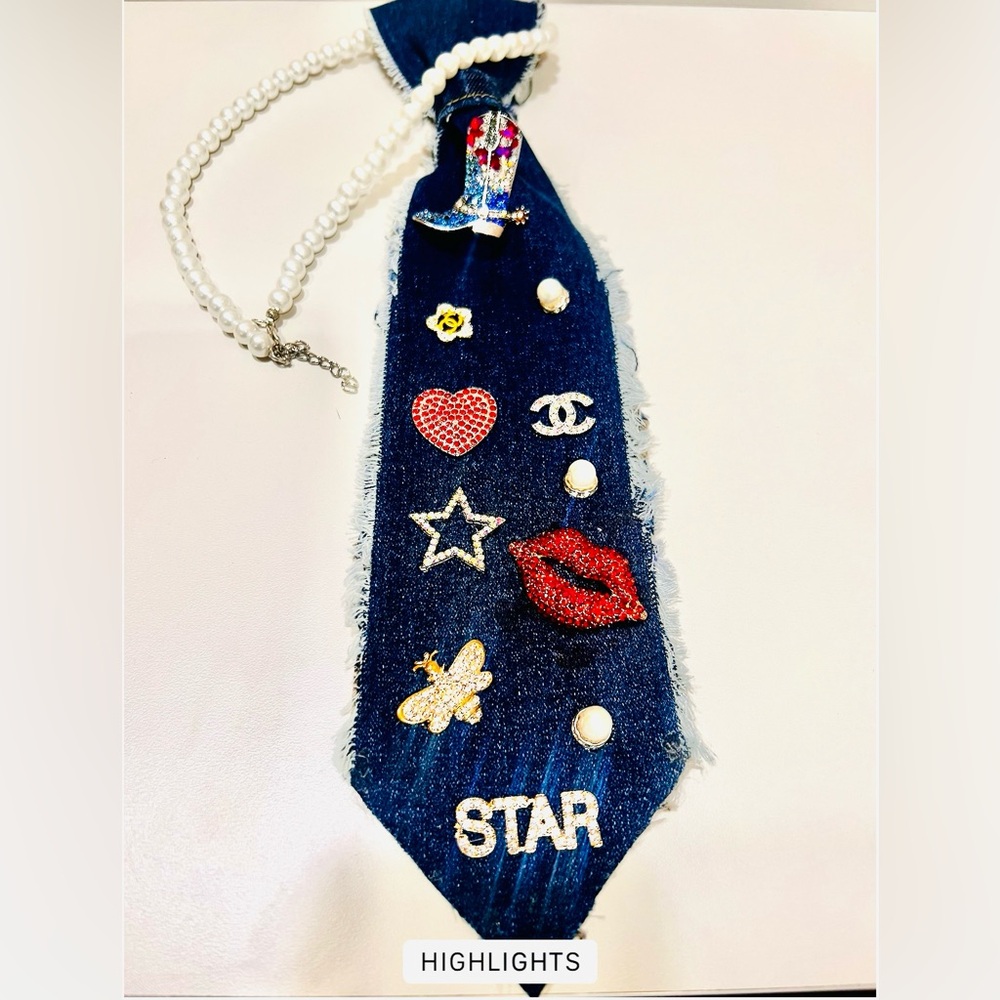 Denim Tie necklaces with Colorful embellishments. - Picture 4 of 4